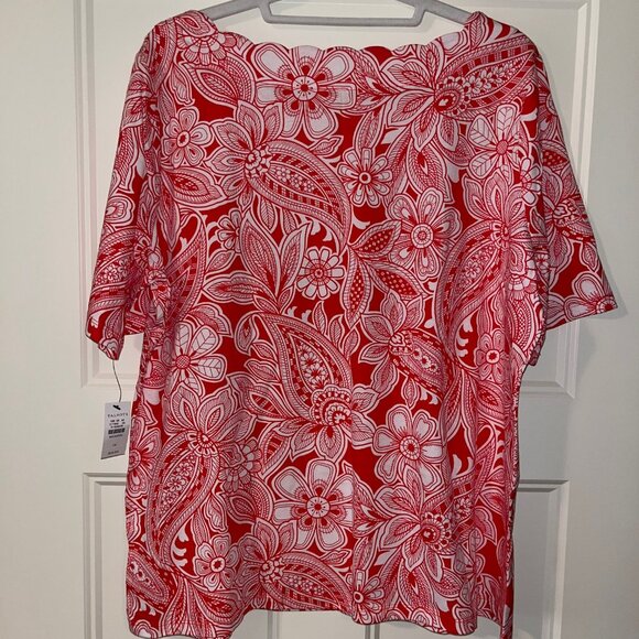 Talbots NWT Red/White Floral Scalloped Neckline 100% Cotton Top - Size 1X - Picture 2 of 7